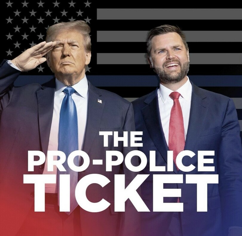 Two men in suits, one saluting and the other smiling, stand in front of a blue and black American flag. Bold text below reads "THE PRO-POLICE TICKET."