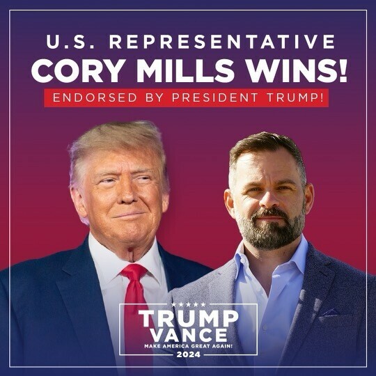 U.S. Representative Cory Mills wins! Endorsed by President Trump. Trump Vance 2024 Make America Great Again. Image includes a photograph of President Trump and Cory Mills against a red and purple gradient background.