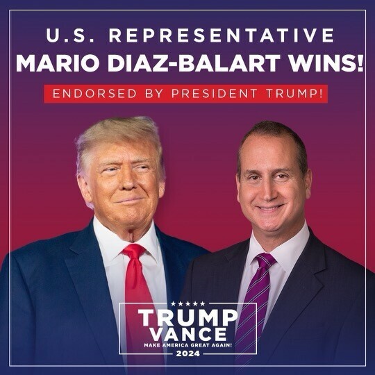 U.S. Representative Mario Diaz-Balart wins, endorsed by President Trump, with Trump Vance 2024 campaign logo.