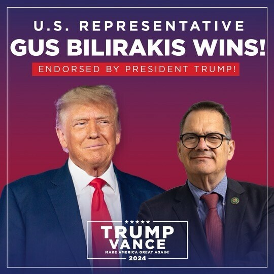U.S. Representative Gus Bilirakis wins, endorsed by President Trump. Trump and Vance campaign logo, "Make America Great Again!," 2024.
