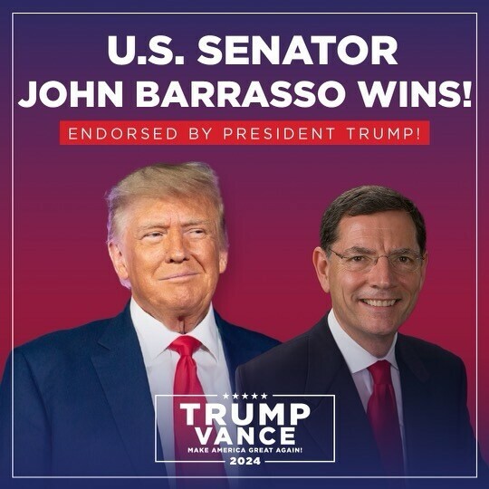 U.S. Senator John Barrasso wins, endorsed by President Trump; Trump Vance 2024 campaign graphic. Background features a gradient from pink to purple with images of President Trump and Senator Barrasso.