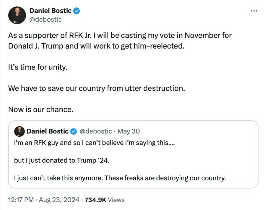 Tweet by Daniel Bostic expressing support for Donald J. Trump in the upcoming election, despite being a supporter of RFK Jr. The tweet emphasizes the need for unity and saving the country from destruction. It includes a retweeted statement from May 30 where he mentions donating to Trump '24, citing frustration with the current state of affairs. The tweet is timestamped at 12:17 PM on August 23, 2024, with 734.9K views.