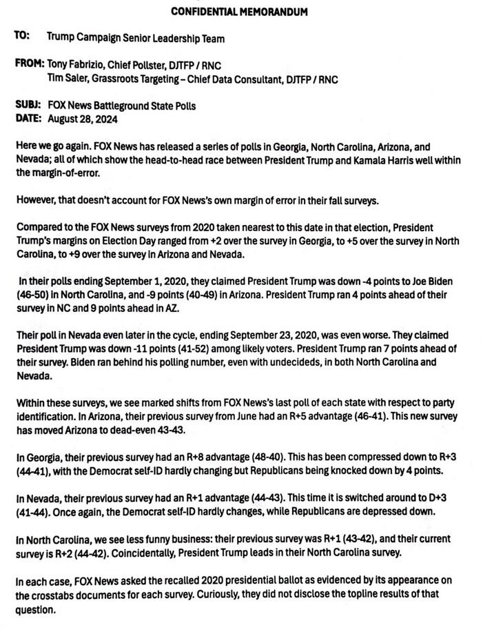 Confidential memorandum to Trump Campaign Senior Leadership Team from Tony Fabrizio and Tim Saler about Fox News Battleground State Polls dated August 28, 2024. The memorandum discusses polling data from Georgia, North Carolina, Arizona, and Nevada, comparing current head-to-head race figures between President Trump and Kamala Harris to Fox News surveys from 2020. It notes statistical adjustments and shifts in advantage between parties since 2020 in these states. Each state's previous and current survey results are analyzed, highlighting varying lead margins and changes in party identification percentages. The memo closes by noting the absence of disclosed topline results in the cross-tabulated survey documents.