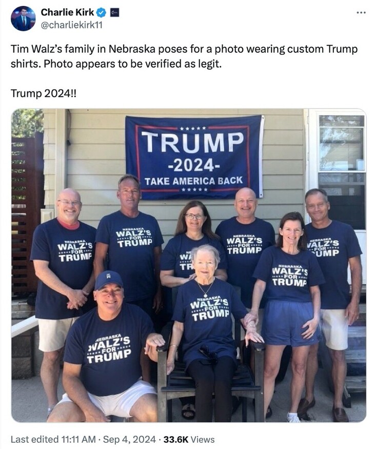 Tim Walz's family in Nebraska poses wearing custom "Walz's for Trump" shirts in front of a "Trump 2024 - Take America Back" banner. Social media post by Charlie Kirk.