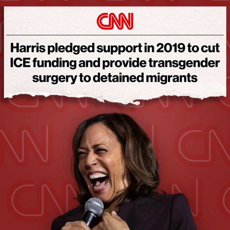 CNN news headline with text, "Harris pledged support in 2019 to cut ICE funding and provide transgender surgery to detained migrants," accompanied by a photo of a woman laughing while holding a microphone.