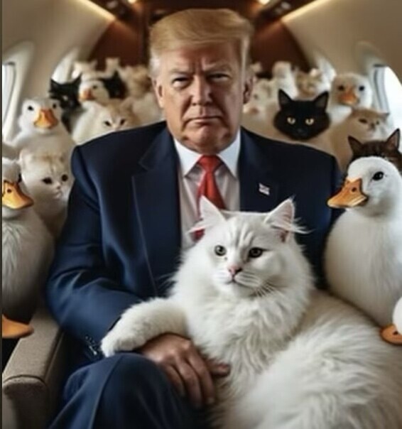 Man in a suit sitting in an airplane surrounded by cats and ducks. He is holding a large white cat on his lap while ducks and cats populate the seats and aisle.
