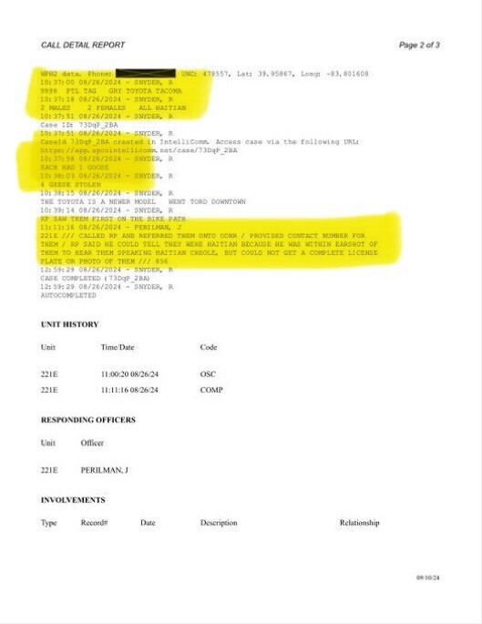 Call detail report, page 2 of 3, highlighting sections in yellow. Incident involves Toyota Tacoma and LVS. Case# 7309P_22A, located at Lat: 33.99847, Long: -83.801608. Complainant Snyder, R. Incident occurred on 08/26/2024 between Snyder, R. and Perlman, J. Responding unit was 221E with officer Perlman, J. Unit history includes two entries on 08/26/24 at 11:00:20 and 11:11:16. Highlighted text indicates commencement of the case, responses made, and clarification about inability to gather a complete licensed plate number due to speaker's commentary in Haitian Creole.