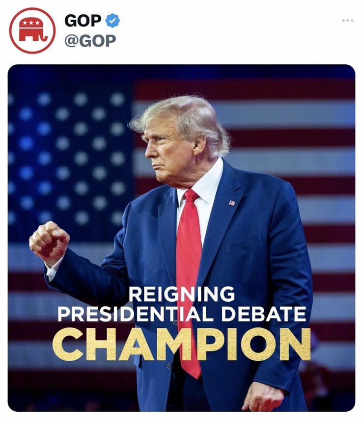 GOP social media post featuring a person in a blue suit and red tie with an American flag in the background. The text on the image says "REIGNING PRESIDENTIAL DEBATE CHAMPION." The GOP's logo is displayed in the top left corner of the post.