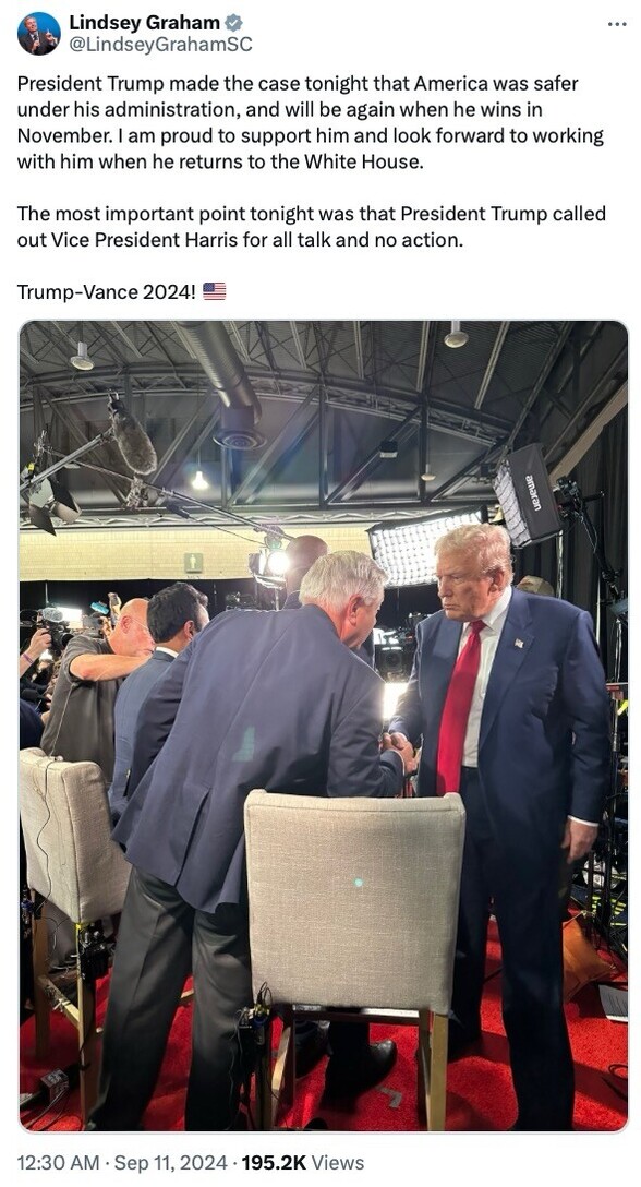 Lindsey Graham expresses support for Donald Trump, emphasizes his leadership, criticizes Vice President Harris, and endorses the Trump-Vance 2024 ticket in a tweet with an image of Graham and Trump shaking hands backstage at an event, surrounded by cameras and lighting equipment. The tweet has a timestamp of 12:30 AM, Sep 11, 2024, and has garnered 195.2K views.