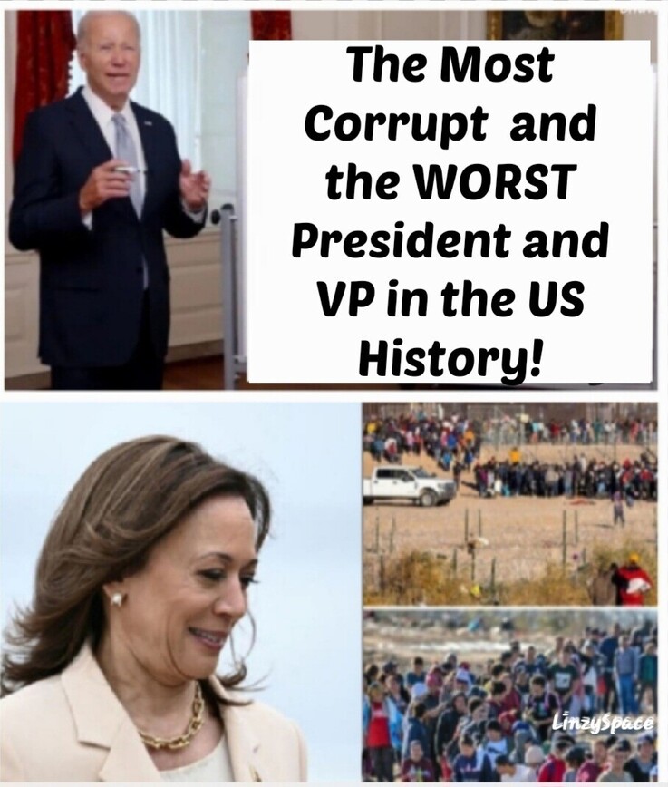 A collage with a text overlay stating "The Most Corrupt and the WORST President and VP in the US History!" The top image shows a man in a suit speaking with a serious expression. The middle image shows a woman smiling and looking down. The bottom images depict groups of people gathered in outdoor settings.