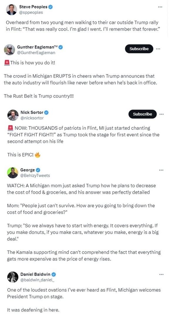 Six Twitter users share reactions to former President Donald Trump's rally in Flint, Michigan. Steve Peoples quotes two young men's positive experience. Gunther Eagleman highlights the crowd's enthusiastic response to Trump's promise about the auto industry's future. Nick Sortor notes thousands chanting "FIGHT FIGHT FIGHT!" as Trump speaks after a second attempt on his life. George tweets about a Michigan mom's question to Trump on reducing food costs and his detailed response emphasizing energy costs. Finally, Daniel Baldwin describes a loud ovation as Trump takes the stage.