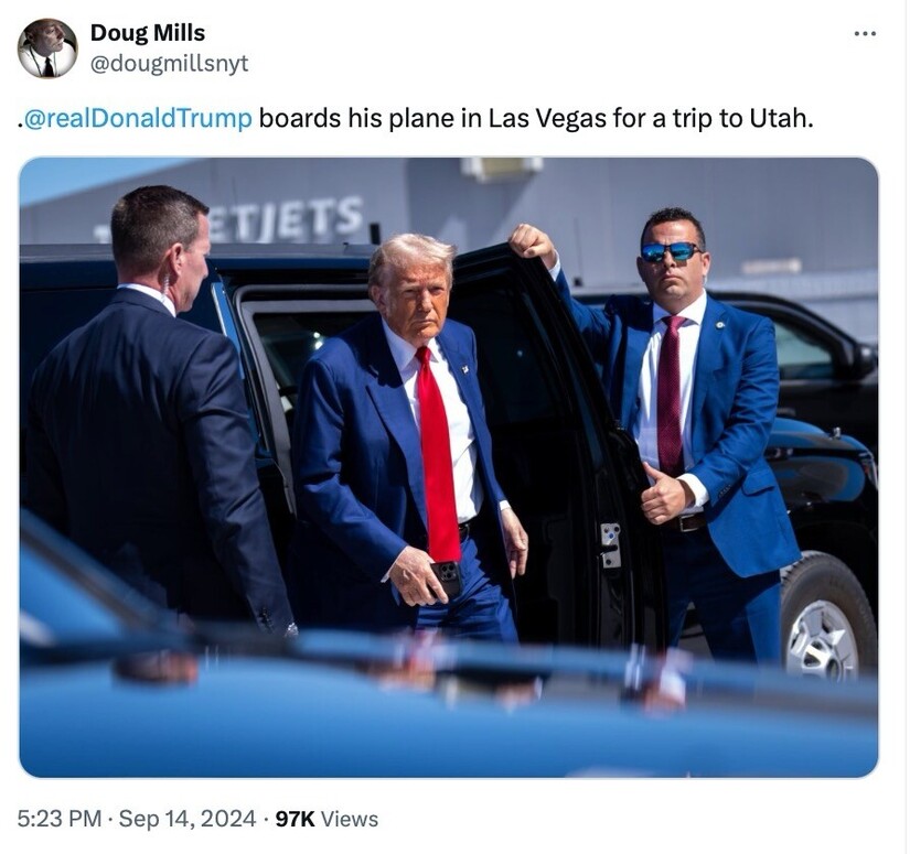 Donald Trump boarding a plane in Las Vegas for a trip to Utah, accompanied by security personnel. The timestamp reads "5:23 PM · Sep 14, 2024," and the post has 97K views.