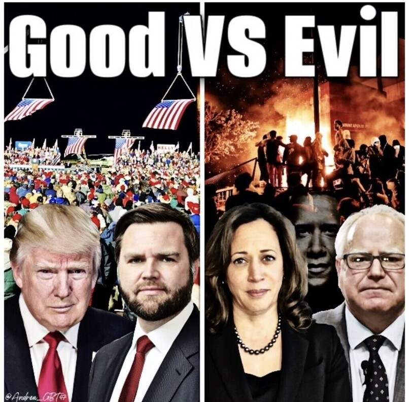 Good VS Evil meme illustration with two contrasting sides: one side depicts a political rally with a crowd and American flags, featuring two men in suits; the other side shows a chaotic scene with fire and silhouettes of people, along with a man and a woman in formal attire.