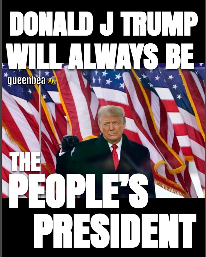 Donald J. Trump in front of multiple American flags with text overlay: "Donald J Trump Will Always Be The People's President."