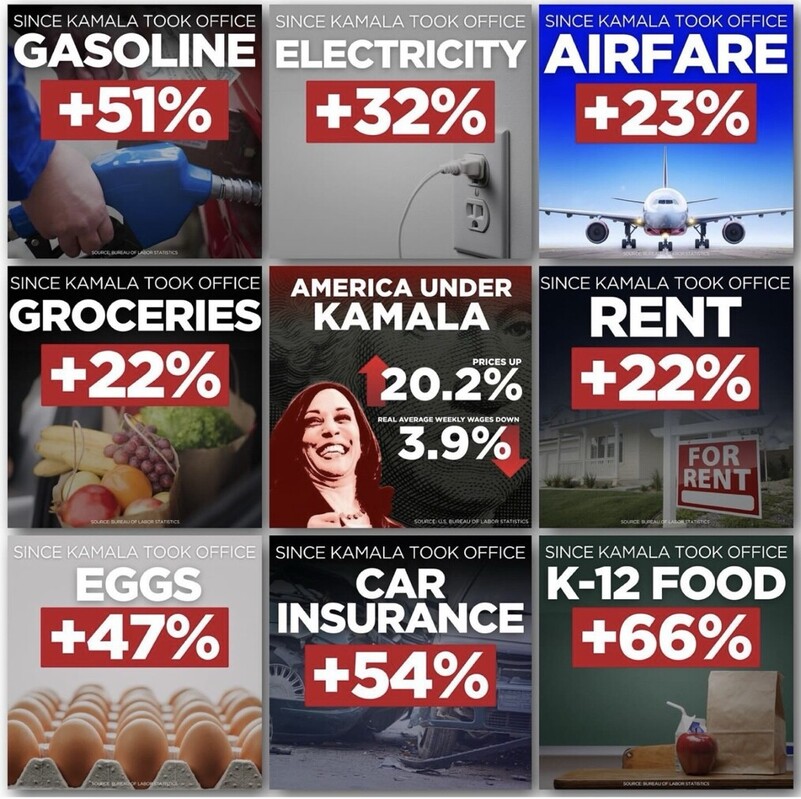 Collection of nine graphics showing percentage increase in various costs since Kamala Harris took office, as follows: Gasoline +51%, Electricity +32%, Airfare +23%, Groceries +22%, Prices up 20.2% and real average weekly wages down 3.9%, Rent +22%, Eggs +47%, Car Insurance +54%, K-12 Food +66%. Each graphic includes relevant images such as gas pump, electrical outlet, airplane, groceries, person with text, rental sign, eggs, car accident, and a school lunch. Sources cited are from the U.S. Bureau of Labor Statistics.