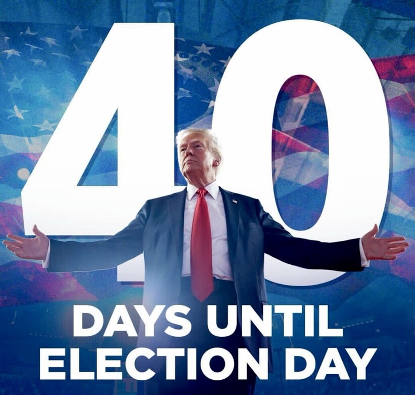 "40 Days Until Election Day" text overlaid on an image of a man in a suit and red tie, with an American flag background.