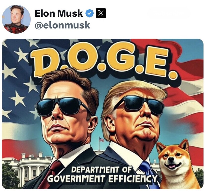 Elon Musk post on social media showing himself and Donald Trump depicted in a stylized comic image with sunglasses, a Doge Shiba Inu dog, and the text "D.O.G.E. Department of Government Efficiency." Background includes an American flag and the White House.

