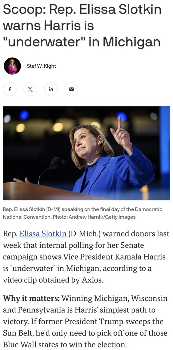 Scoop: Rep. Elissa Slotkin warns Harris is "underwater" in Michigan. Article by Stef W. Kight. Rep. Elissa Slotkin (D-MI) speaking on the final day of the Democratic National Convention. Photo by Andrew Harnik/Getty Images. Article highlights Slotkin's warning to donors about internal polling for her Senate campaign showing Vice President Kamala Harris is struggling in Michigan, sourced from a video clip obtained by Axios. Analysis on the importance of Michigan, Wisconsin, and Pennsylvania for Harris' path to victory, contrasting potential outcomes with former President Trump's strategy.