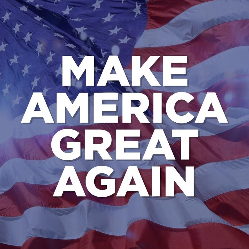 Text in bold capital letters that reads "MAKE AMERICA GREAT AGAIN" overlaid on a background of the United States flag.