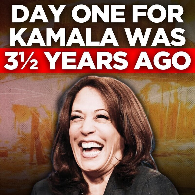 Day One for Kamala was 3½ Years Ago – text overlaid on an image of a smiling woman with a blurred background.