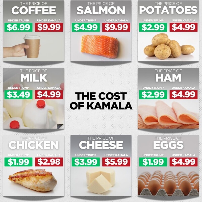 Comparison of food prices under different political administrations. Top row: Coffee ($6.99 under Trump, $9.99 under Kamala), Salmon ($4.99 under Trump, $9.99 under Kamala), Potatoes ($2.99 under Trump, $4.99 under Kamala). Middle row: Milk ($3.49 under Trump, $4.99 under Kamala), slogan "The Cost of Kamala", Ham ($2.99 under Trump, $4.99 under Kamala). Bottom row: Chicken ($1.99 under Trump, $2.98 under Kamala), Cheese ($3.99 under Trump, $5.99 under Kamala), Eggs ($1.99 under Trump, $4.99 under Kamala).