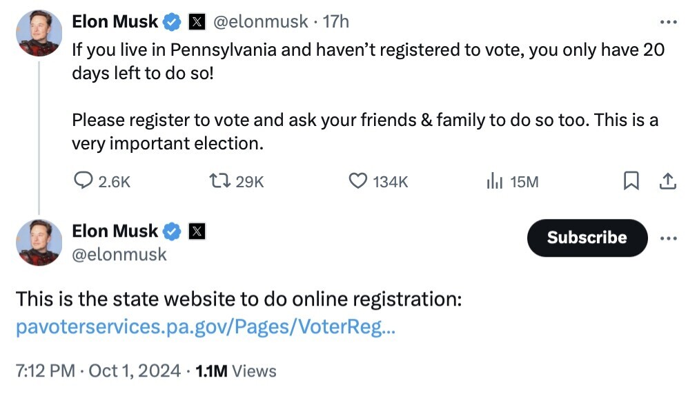 Social media post by Elon Musk urging Pennsylvania residents to register to vote, mentioning 20 days left for registration. Emphasizes the importance of the election and includes a link to the Pennsylvania voter registration website. The post includes interaction metrics like comments, reposts, likes, and views.