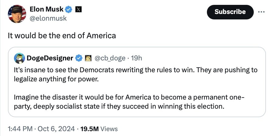 Elon Musk tweet responding to DogeDesigner, discussing concerns about potential changes in American political structures and the implications of a one-party system. The tweet emphasizes the potential risks of Democrats implementing new rules and suggests a shift towards socialism.