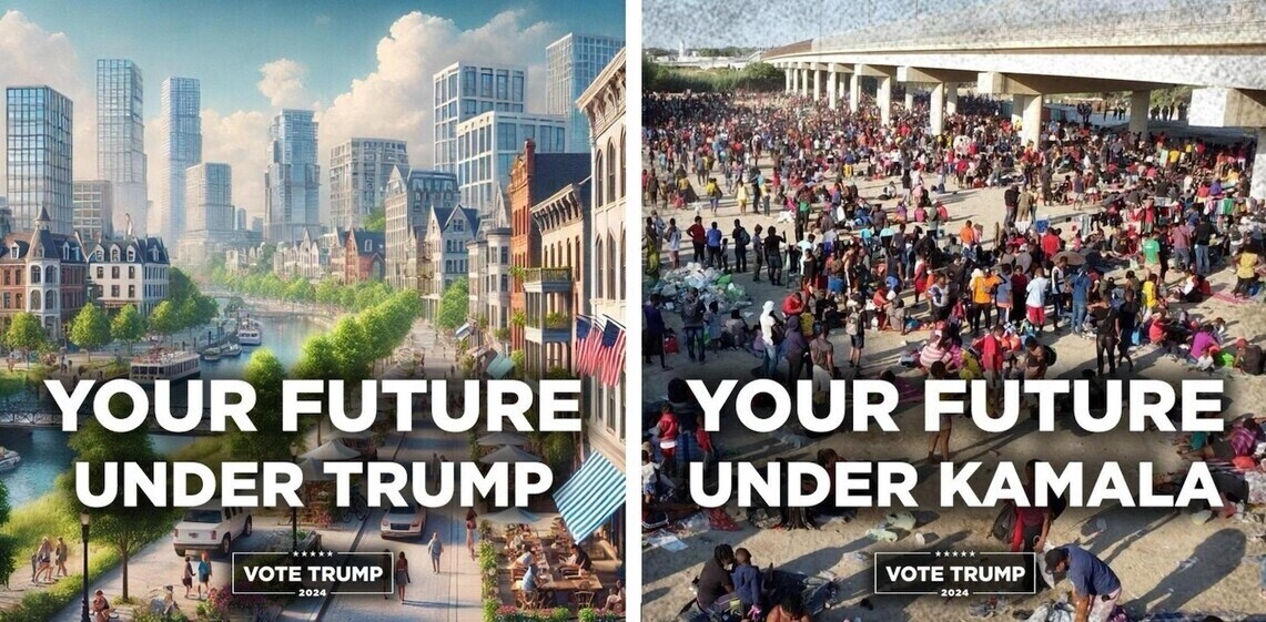 Split image contrasting two scenarios: the left side depicts a clean, modern cityscape with "Your Future Under Trump"; the right side shows a crowded area with people under a bridge labeled "Your Future Under Kamala"; includes promotional text for "Vote Trump 2024."