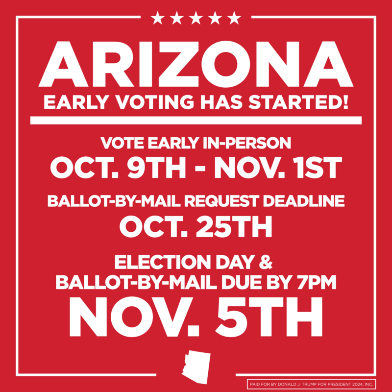 Arizona early voting announcement; key dates include in-person voting from October 9th to November 1st, ballot-by-mail request deadline on October 25th, and election day on November 5th with mail ballots due by 7 PM. Includes a sponsorship note at the bottom.