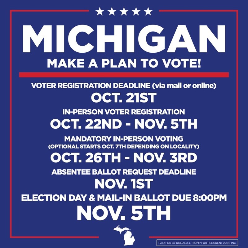 Michigan voting plan information with key dates: voter registration deadline October 21, in-person voter registration October 22 to November 5, mandatory in-person voting October 26 to November 3, absentee ballot request deadline November 1, and election day November 5. Paid for by Donald J. Trump for President 2024, Inc. Includes a silhouette of Michigan.