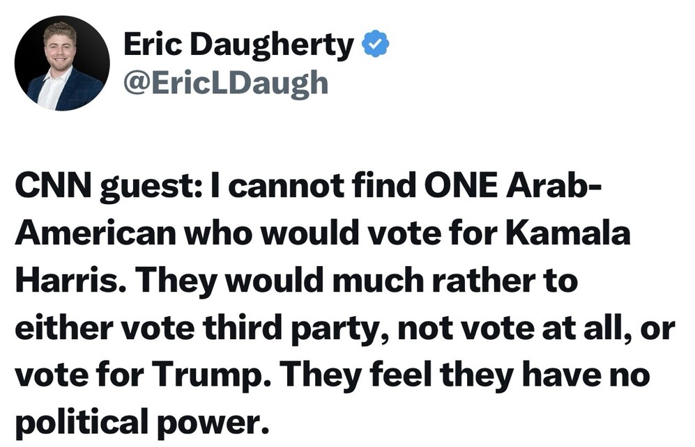 Tweet by Eric Daugherty highlighting a CNN guest's statement about Arab-American voters' preferences regarding Kamala Harris, third-party candidates, non-voting, or supporting Trump, mentioning feelings of lacking political power.