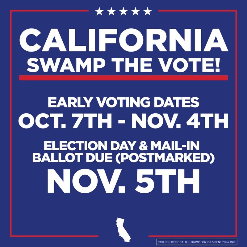 California voting information image with dates for early voting as October 7th to November 4th, and election day or mail-in ballot postmarked due date as November 5th. Contains slogan "Swamp the Vote!" and a note that it is paid for by Donald J. Trump for President 2024, Inc. Includes silhouette of California and a blue background with red and white text and accents.