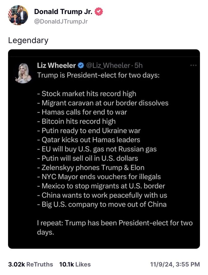 Tweet by Donald Trump Jr. with a comment "Legendary," showing a screenshot of a tweet by Liz Wheeler. The tweet lists various hypothetical international and domestic events occurring after Donald Trump is President-elect for two days. Events mentioned include stock market hitting record highs, the migrant caravan dissolving, and diplomatic and economic changes involving Russia, Ukraine, and China. The tweet has 3.02k ReTruths and 10.1k likes, posted on November 9, 2024, at 3:55 PM.