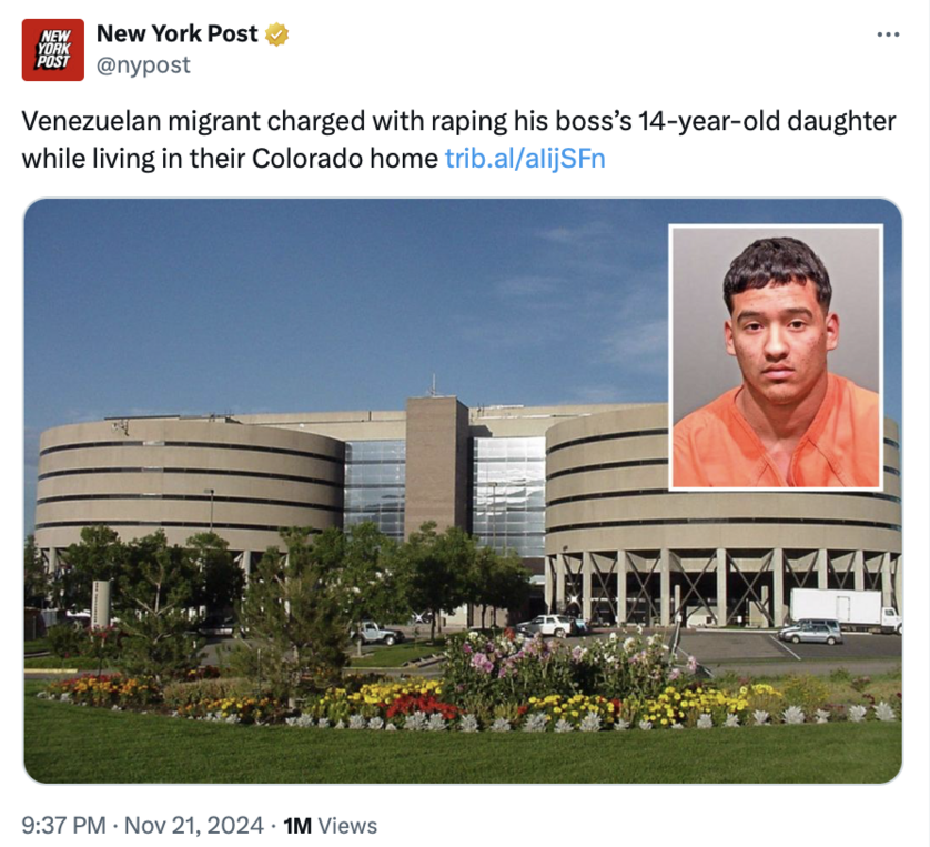 New York Post tweet about a Venezuelan migrant charged with a serious crime involving a minor in Colorado; includes image of a government building with an inset of a man in an orange outfit.