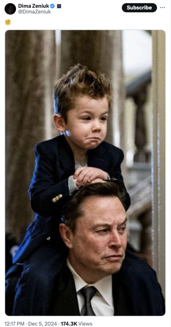 A young boy in a suit sits on a man's shoulders, both with serious expressions, in an indoor setting. The man is wearing a suit with a tie. The background is blurred, suggesting a formal or elegant environment.