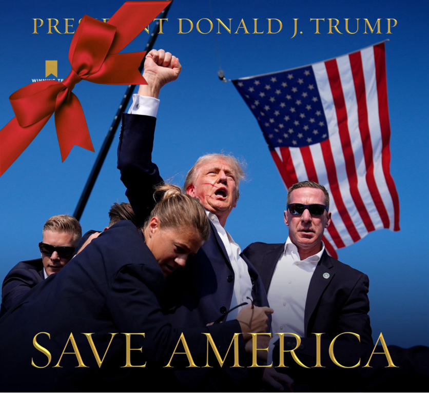 Donald Trump raising fist with security personnel surrounding him, American flag in the background, text "SAVE AMERICA," red ribbon graphic on the corner, blue sky.