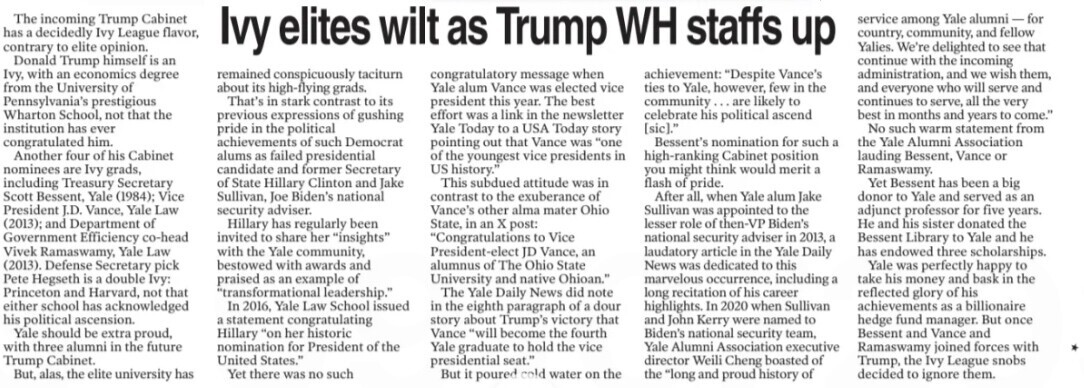 Newspaper article discussing the Ivy League presence in Trump's administration, highlighting alumni from prestigious institutions like Yale and Harvard. The piece contrasts the muted reactions from these universities regarding appointments of their graduates, such as Scott Bessent, J.D. Vance, and Vivek Ramaswamy, compared to previous administrations. The focus is on the relationship between elite academia and political appointments.