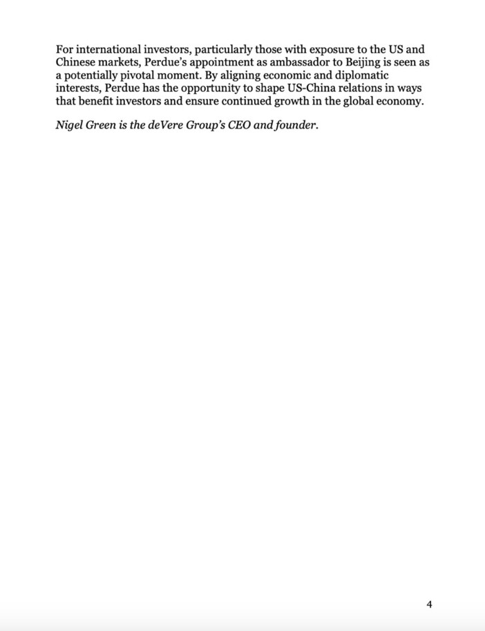 Text discussing the importance of international investors and Perdue's appointment as ambassador to Beijing, highlighting its potential impact on US-China relations and global economic growth. Nigel Green, CEO and founder of deVere Group, is credited. The page number is 4.