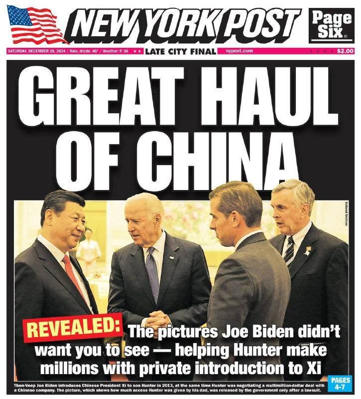 New York Post front page headline "Great Haul of China" with images of several politicians in conversation. Subheadline discusses Joe Biden allegedly helping Hunter with a private introduction to a Chinese figure. Subtext mentions a 2013 event related to negotiating a multimillion-dollar deal.