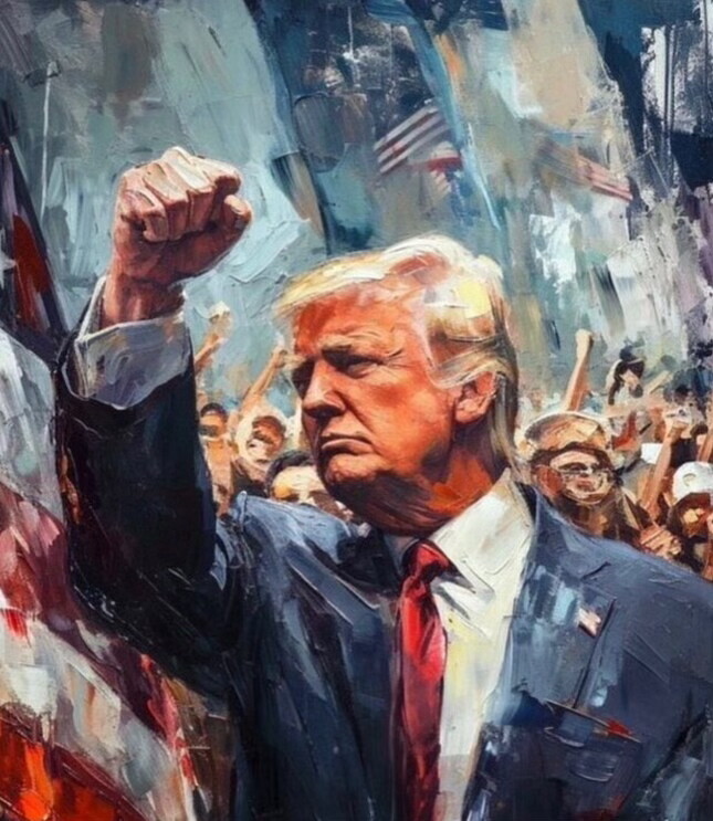 A dynamic and expressive painted portrait of a distinguished man in a suit and red tie, raising his fist amidst a crowd. The scene is filled with energetic brushstrokes and features U.S. flags and a lively background of supporters.