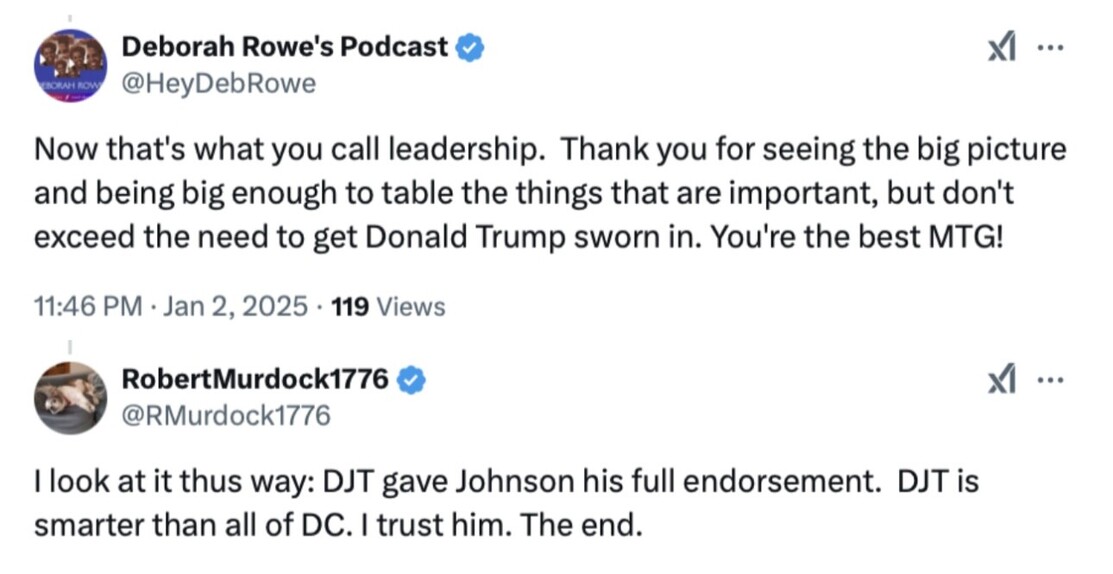 Deborah Rowe's Podcast expresses appreciation for leadership and prioritizing Donald Trump's swearing-in, addressing MTG. RobertMurdock1776 comments on Trump's endorsement of Johnson, praising Trump's intelligence over Washington D.C.