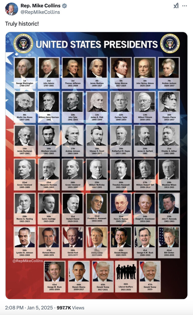 Chart of United States Presidents from George Washington to Donald Trump, with an additional entry labeled "46th Liberal Staffers 2021-2025." Each president is listed with their term dates, accompanied by portraits. The chart has a patriotic background with stars and stripes. The tweet above the image is by Rep. Mike Collins and reads "Truly historic!" There are also view count details at the bottom.
