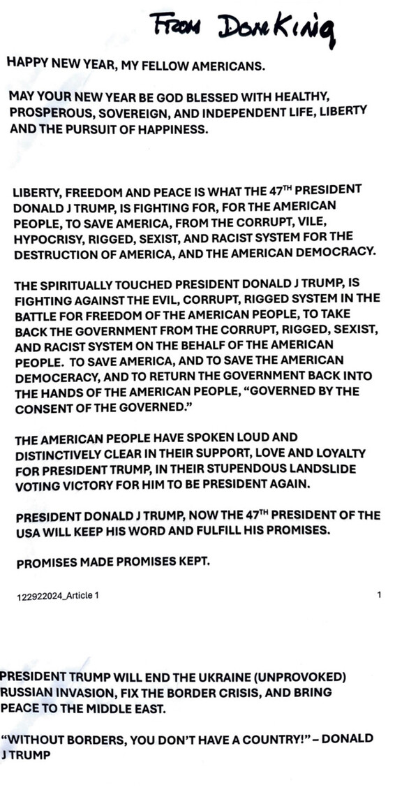 New Year message from Don King expressing support for Donald J. Trump as the 47th U.S. President. The text emphasizes themes of liberty, freedom, peace, and anti-corruption. It highlights Trump's promises to address issues like the Ukraine conflict, border crisis, and Middle East peace. The message includes quotes advocating for sovereignty and government by the people.