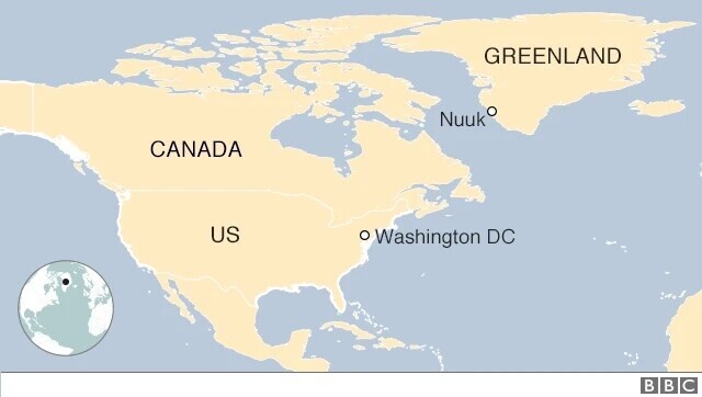 Map showing North America, highlighting the United States, Canada, and Greenland, with labeled cities Washington DC and Nuuk. Contains a globe inset for geographic context and is branded with the BBC logo.