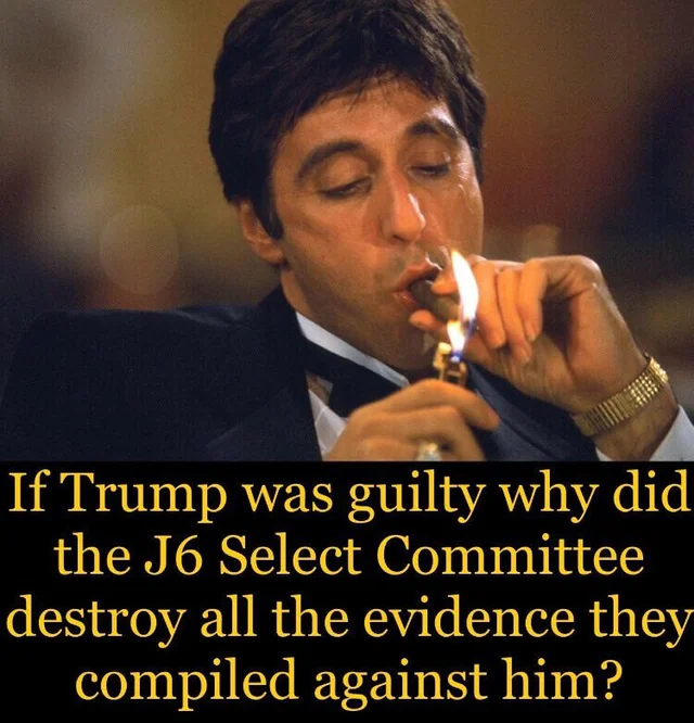 A person lighting a cigar with a match, dressed in formal attire, with a caption questioning the actions of the J6 Select Committee regarding evidence against Trump.