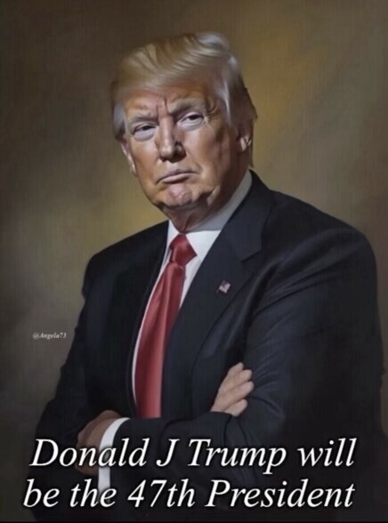 A man in a suit and red tie with arms crossed, depicted in a serious pose. The text at the bottom states, "Donald J Trump will be the 47th President."