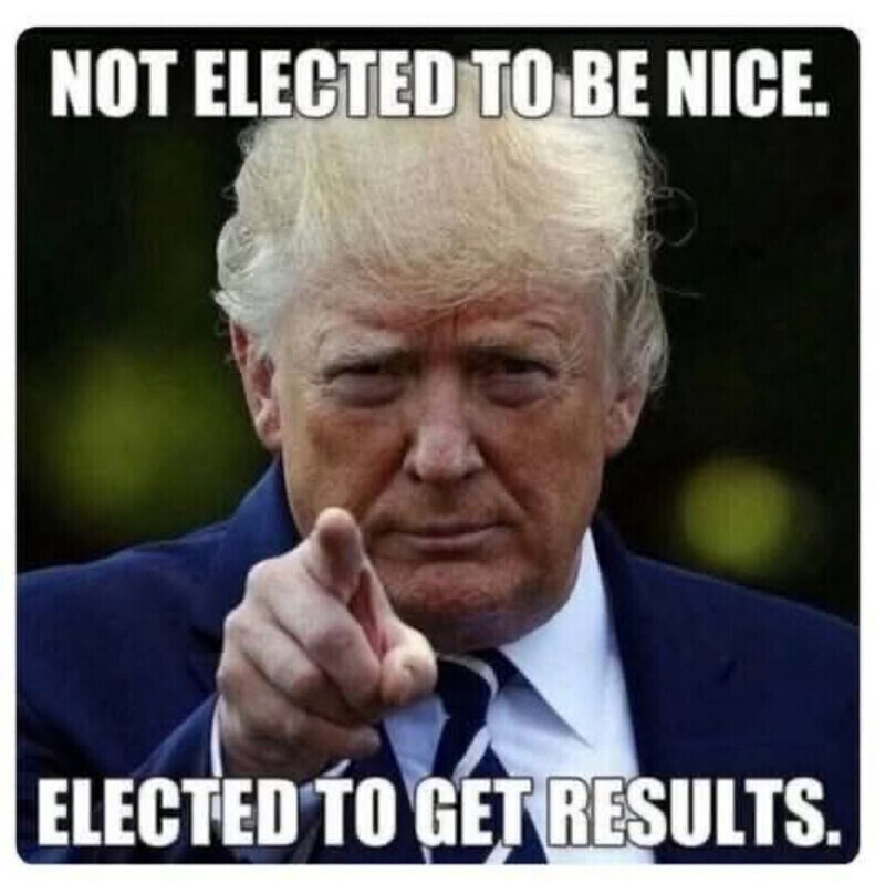 A person pointing forward with a serious expression, wearing a suit and tie. The image has text that reads: "Not elected to be nice. Elected to get results."