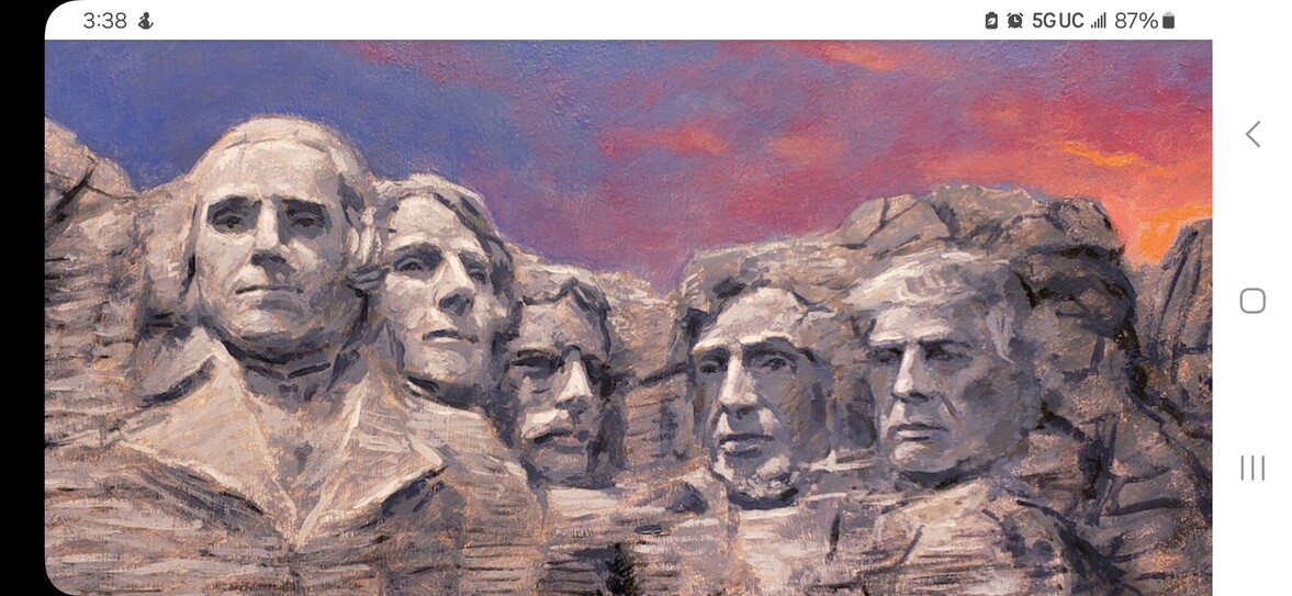 Mount Rushmore painting with a dramatic sky featuring vibrant hues of purple and orange, showcasing four sculpted faces in the rock.