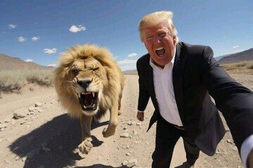 A man in a suit and tie appears to be shouting as he takes a selfie with an aggressive-looking lion walking beside him on a dirt path in a desert landscape under a clear blue sky.