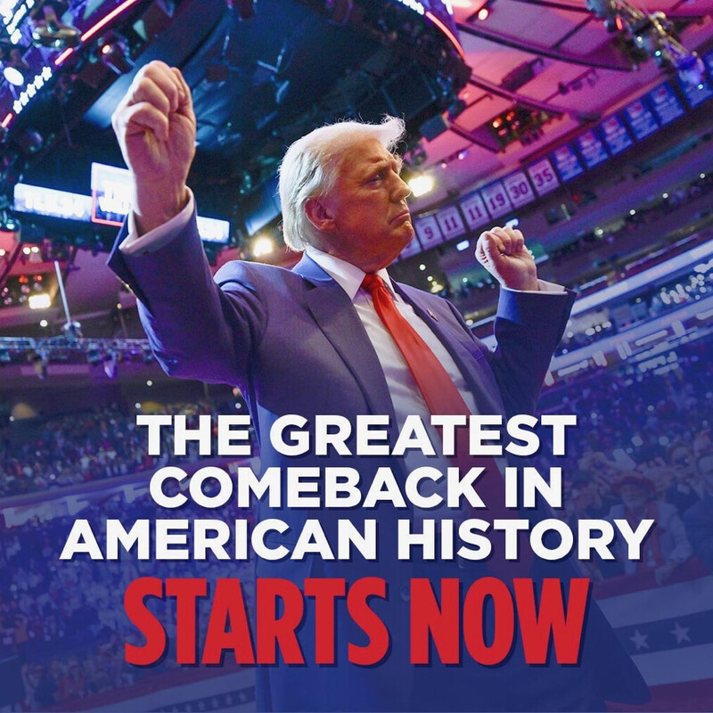 A man in a suit with clenched fists stands in an arena filled with people and lights. Bold text over the image reads, "The greatest comeback in American history starts now."